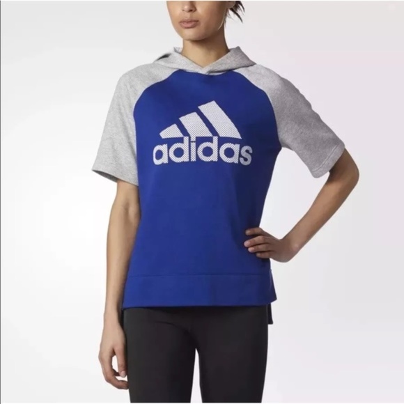 adidas Sweaters - Adidas Blue Hooded Short Sleeve Shirt Size L NWT